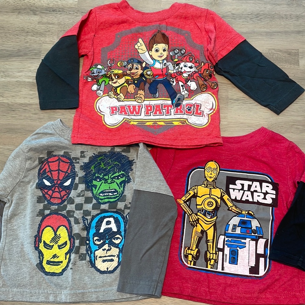 DISNEY STAR WARS MARVEL PAW PATROL 3/4 Sleeve Tees 12 Months size